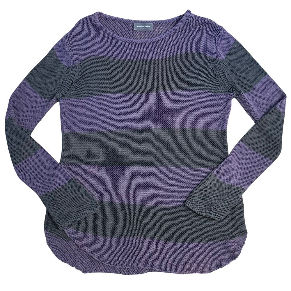 Wooden Ships Sweater Loose Knit Block Stripe Boatneck Purple Gray Women’s M/L